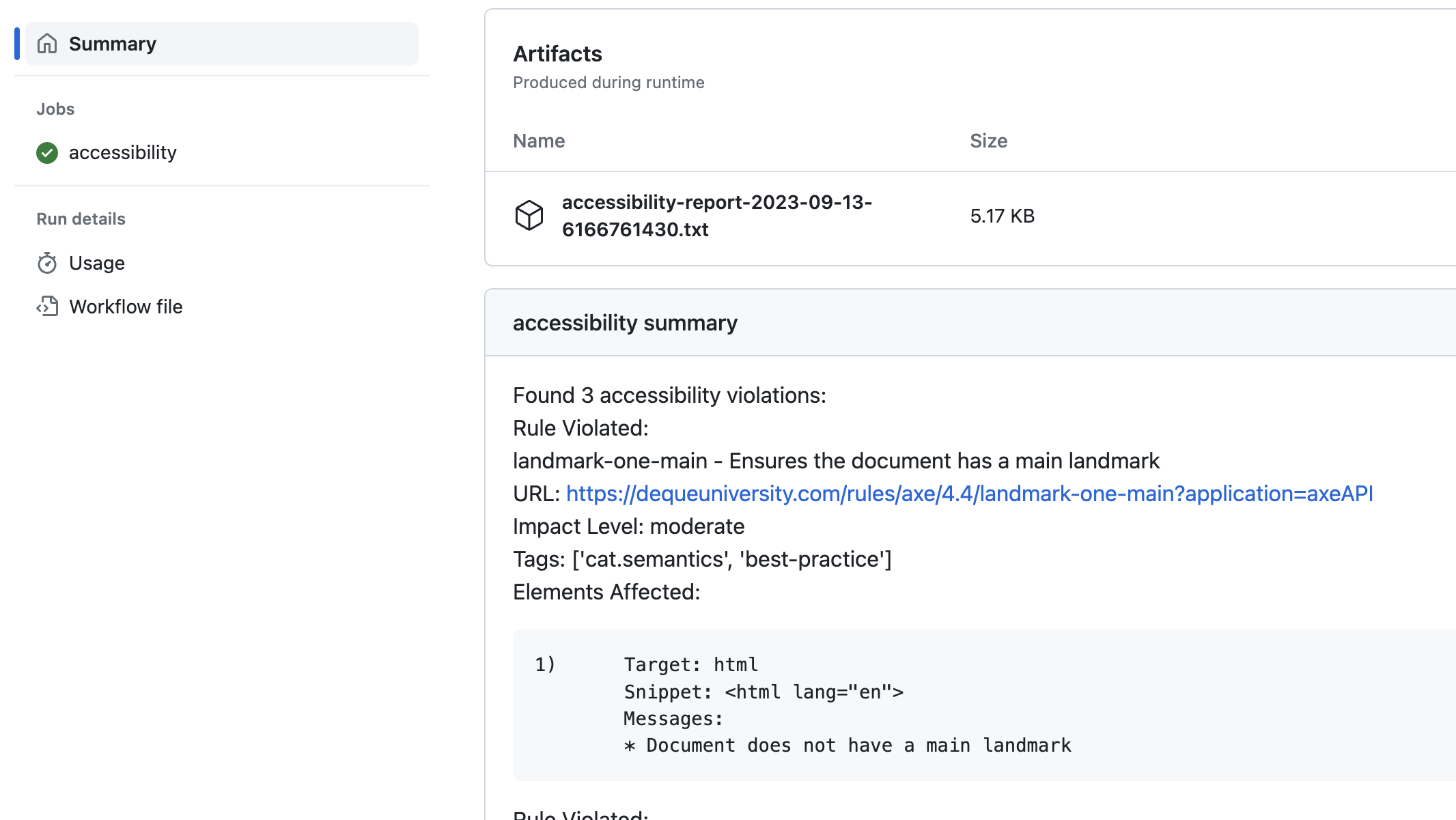 Accessibility Artifact in GitHub actions
