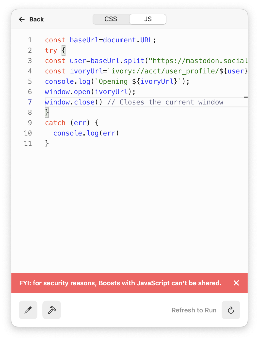 The javascript code window