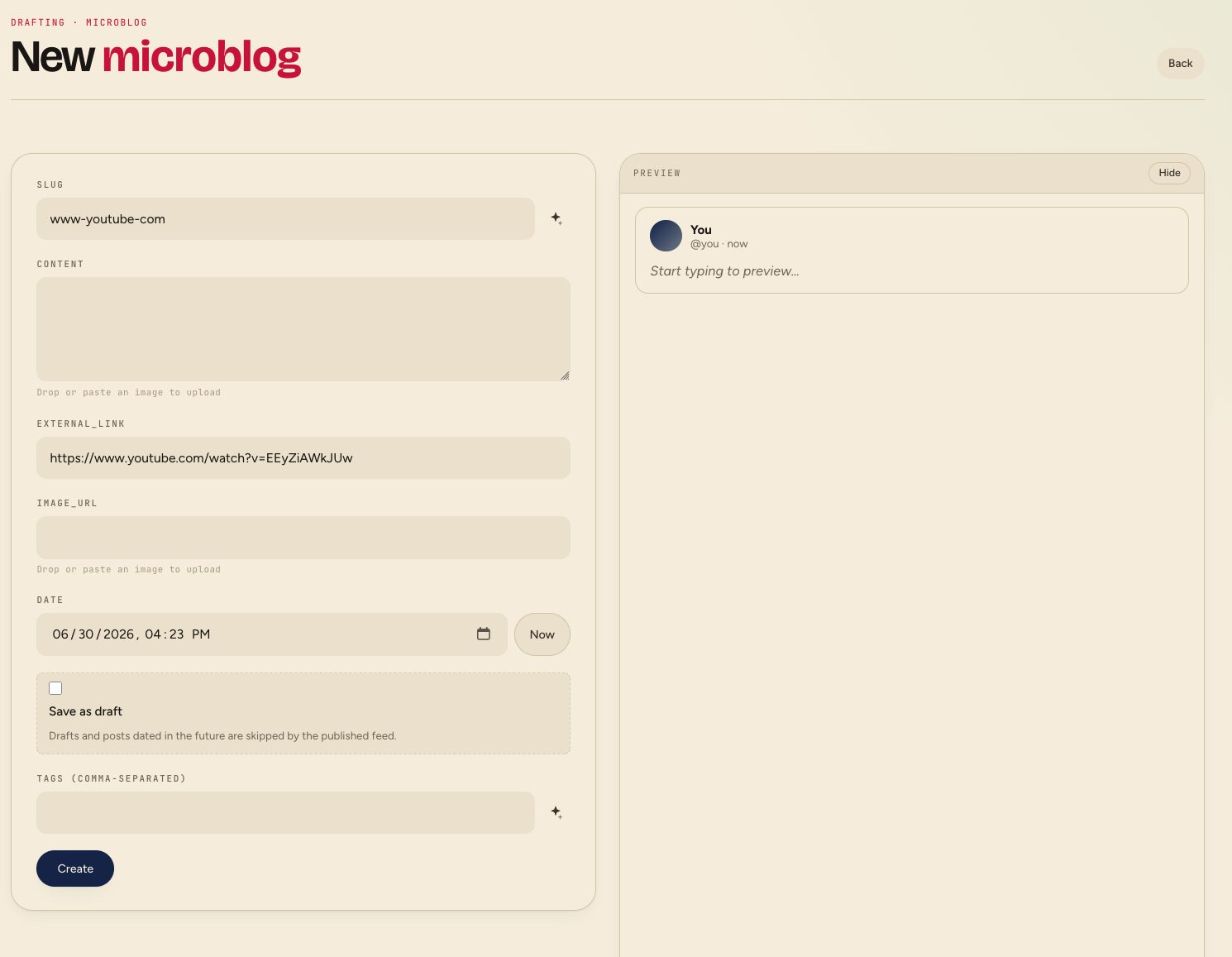 cms-entry for that cozycoderhour video but now in a microblog entry with external link and the slug incorrectly filled out