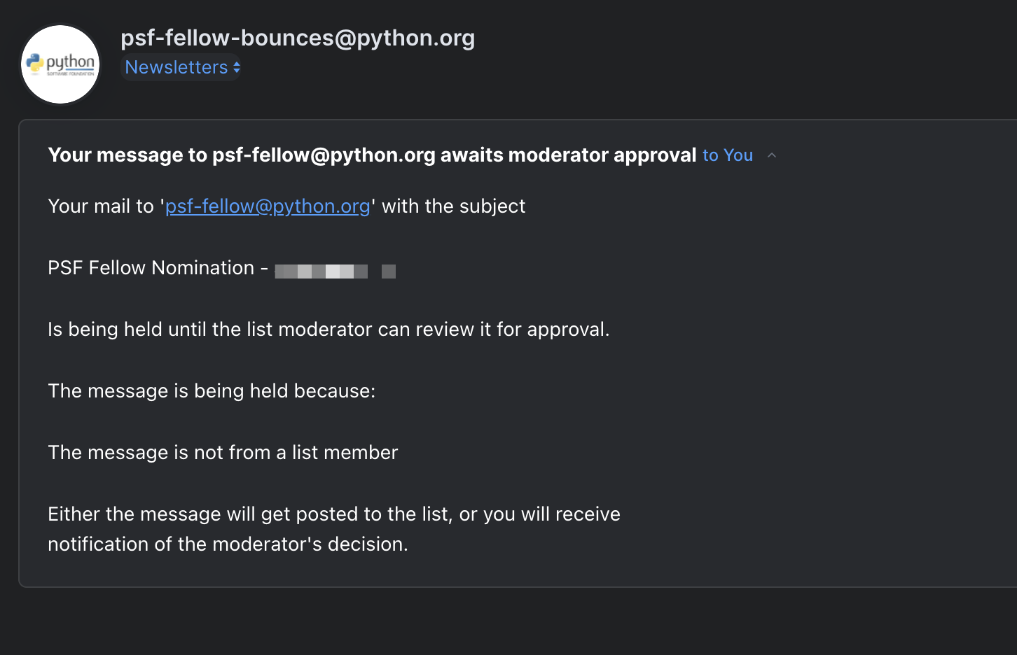 Moderation Bounced Email Response post PSF Fellow Nomination