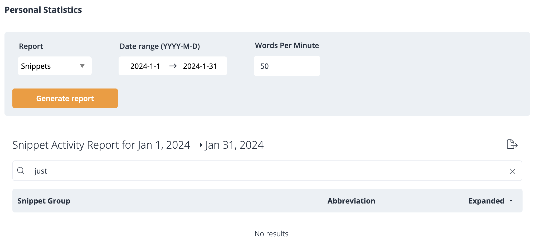 TextExpander Reporting on the word "Just"