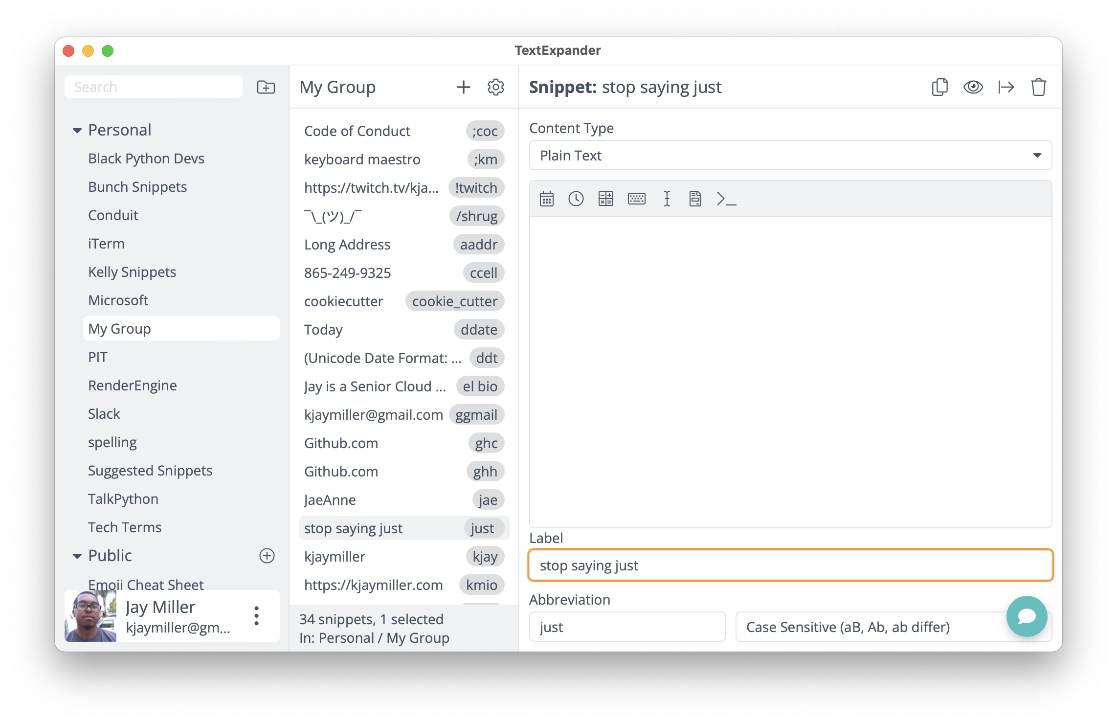 Text Expander Settings for "Just"